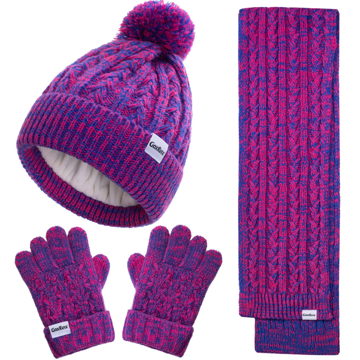 Kids Winter Hat Gloves Scarf Set, Girls Boys Winter Beanie Hat Mittens Scarf Knit Set with Thick Fleece Lined for Children