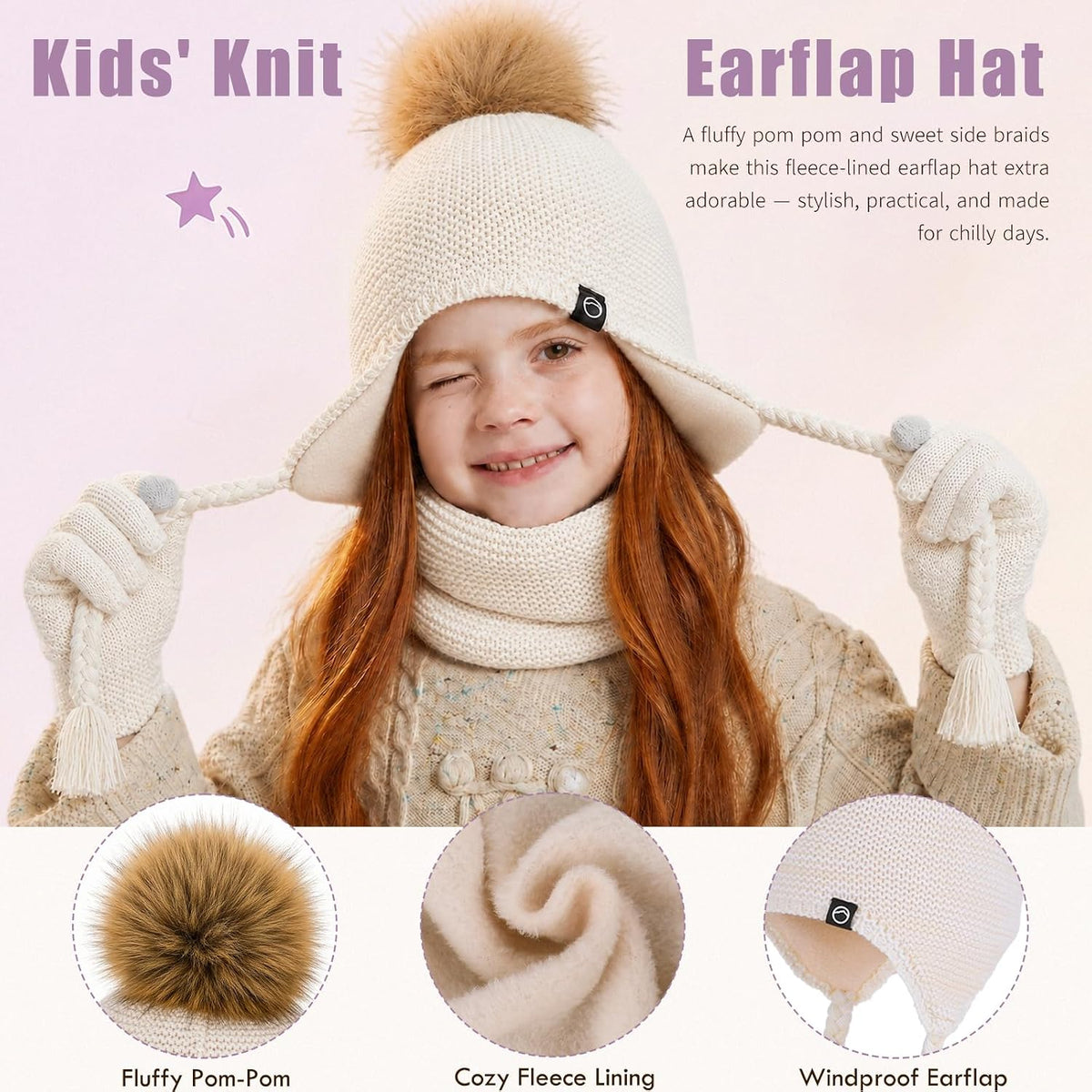 Kids Winter Hat Gloves Scarf Set Warm Earflaps Soft Fleece Lined 4-10Y