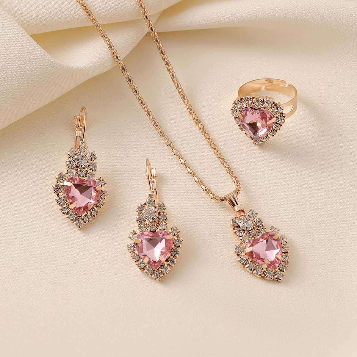 Women Earrings Necklace Ring Set Heart Pendant Lightweight Jewelry Set for Women
