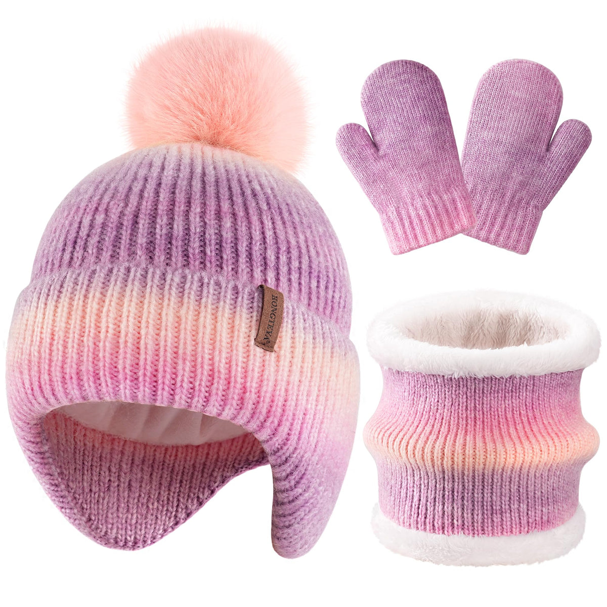 HONGTEYA Toddler Girls Winter Hat Gloves Scarf Set Warm Fleece Lined Knit