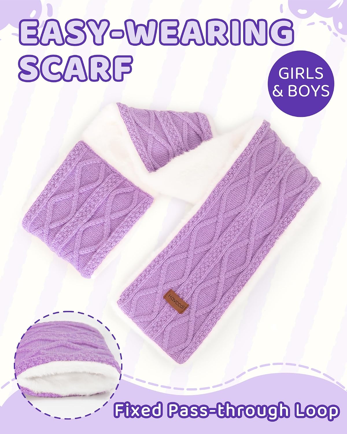 Kids Winter Scarf for Girls Boys, Plush Fur Lined Knitted Cross Tie Scarves