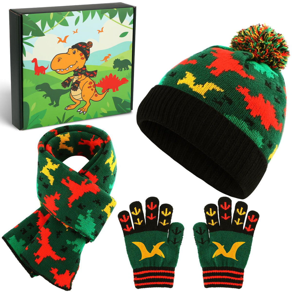 Kids Winter Hat Scarf Gloves Set Dinosaur Knit