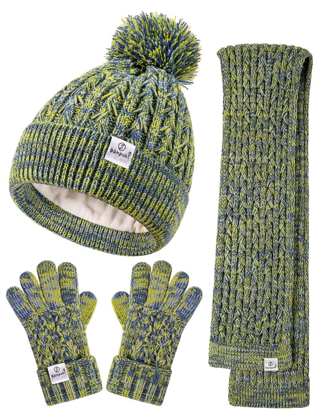 Kids Winter Hat Gloves Scarf Set,Girls Toddler Winter Hat Beanie with Pom Neck Warmer Gaiter Mittens Fleece Lined Set
