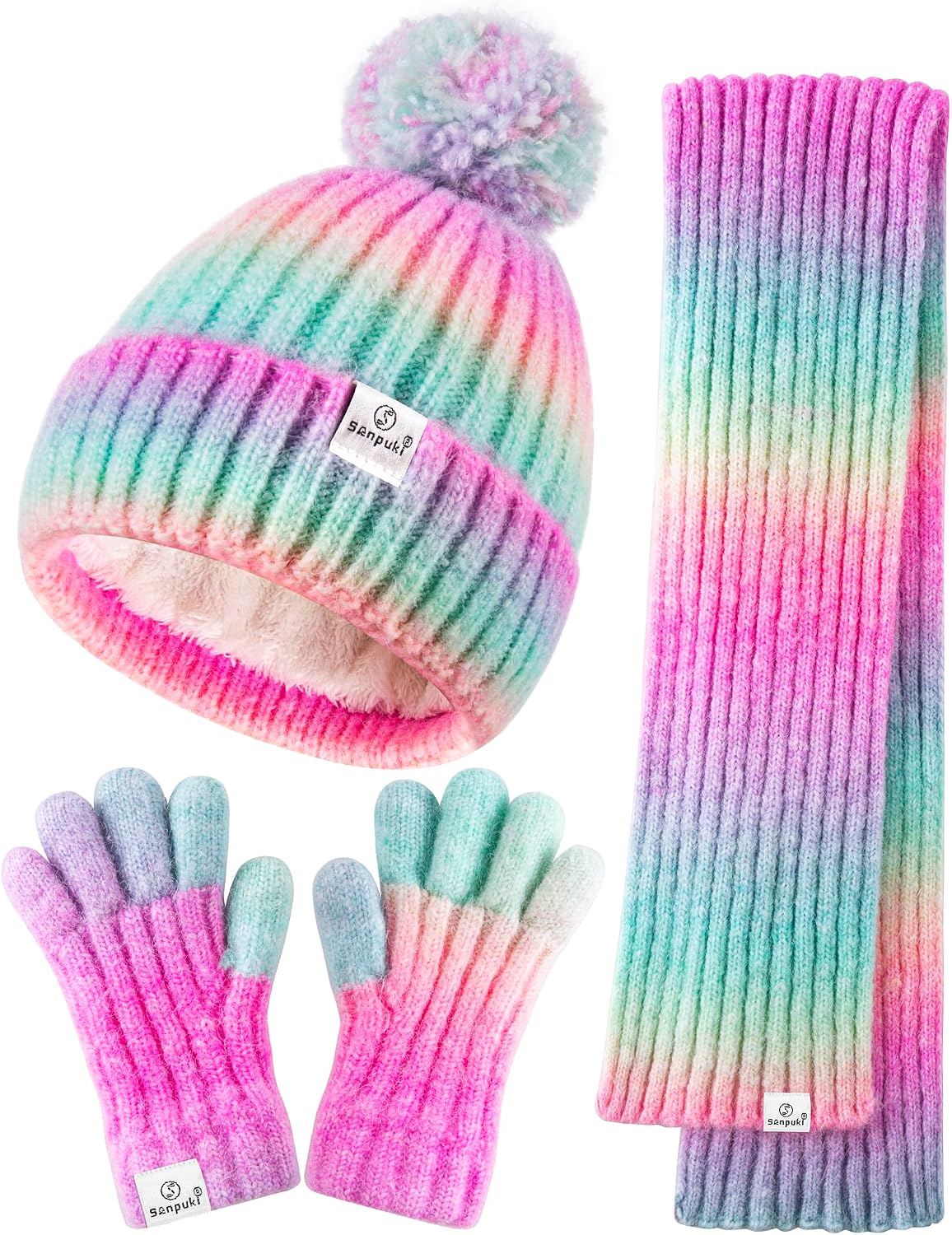 Kids Winter Beanie Gloves Scarf Set,Girls Toddler Winter Hat With Pom Neck Warmer Gaiter Mittens Fleece Lined Set