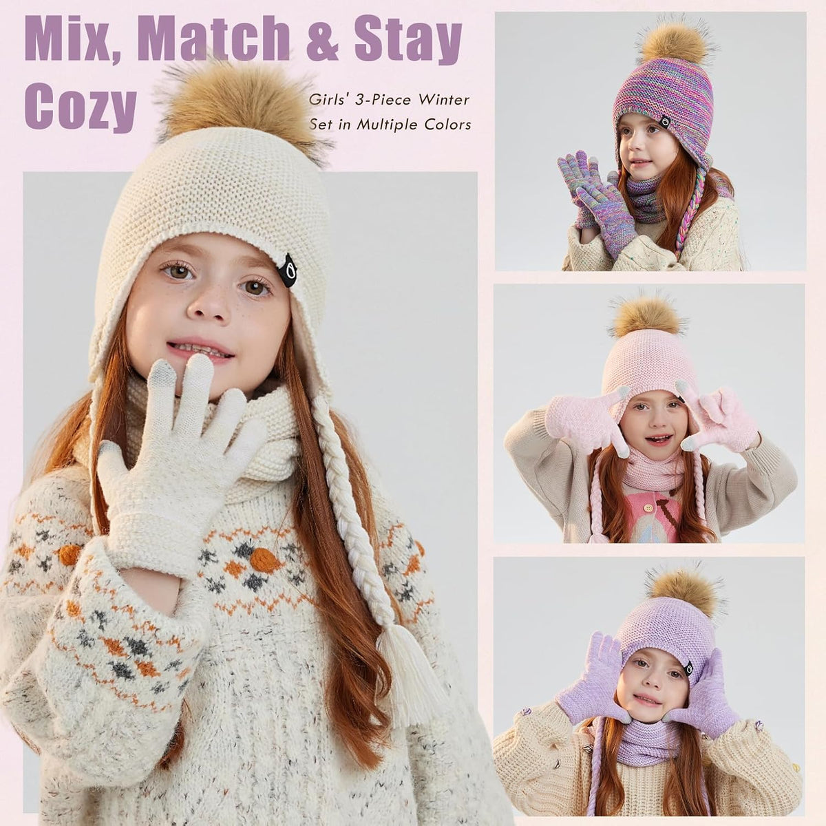 Kids Winter Hat Gloves Scarf Set Warm Earflaps Soft Fleece Lined 4-10Y