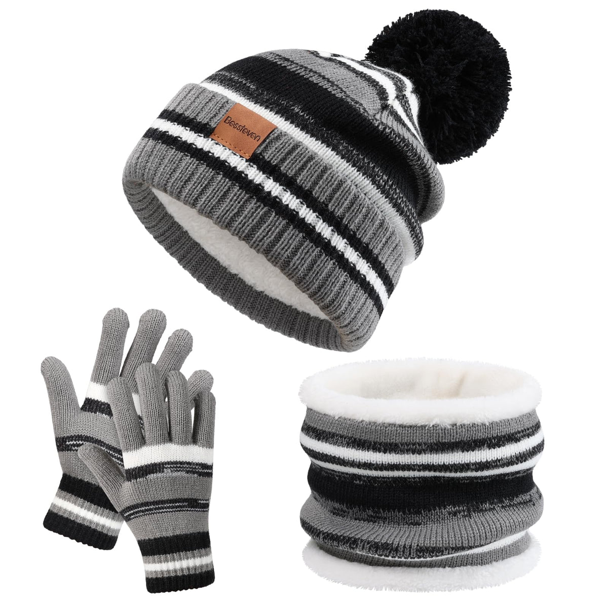 Kids Winter Hat Gloves Scarf Set: Girls Boys Beanie Fleece Lined Ages 6-10