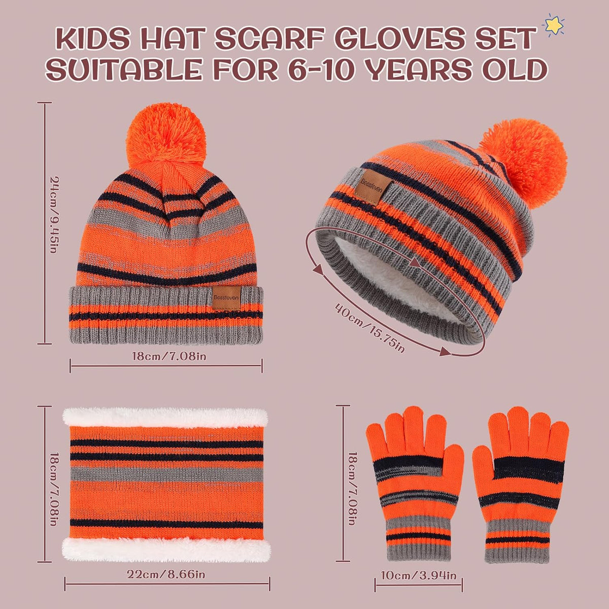 Kids Winter Hat Gloves Scarf Set: Girls Boys Beanie Fleece Lined Ages 6-10