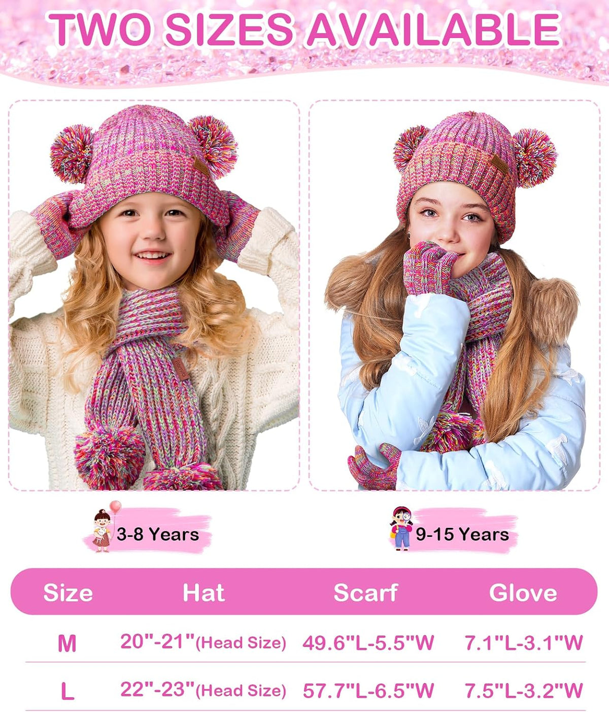 Remifa Kids Winter Hat Gloves Scarf Set, Toddler Girls Boy Fleece Lined PomPom Beanie Hat Kint Neck Long Scarf Warm Mittens