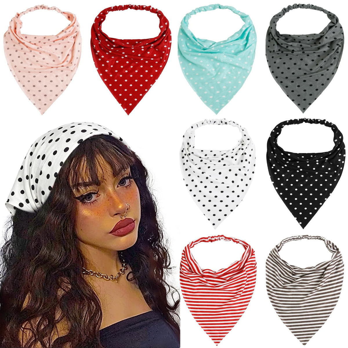 WOVOWOVO 8 Pcs Hair Scarf Headband for Women Girls Non Slip Elastic Boho Triangle Head Scarf Bandana