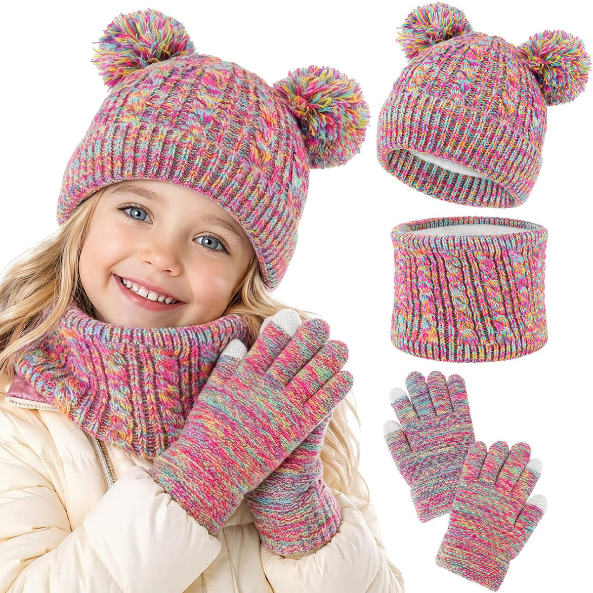 BQUBO Kids Winter Hat Gloves Scarf Set, Unisex Children Beanie Hat with Pom