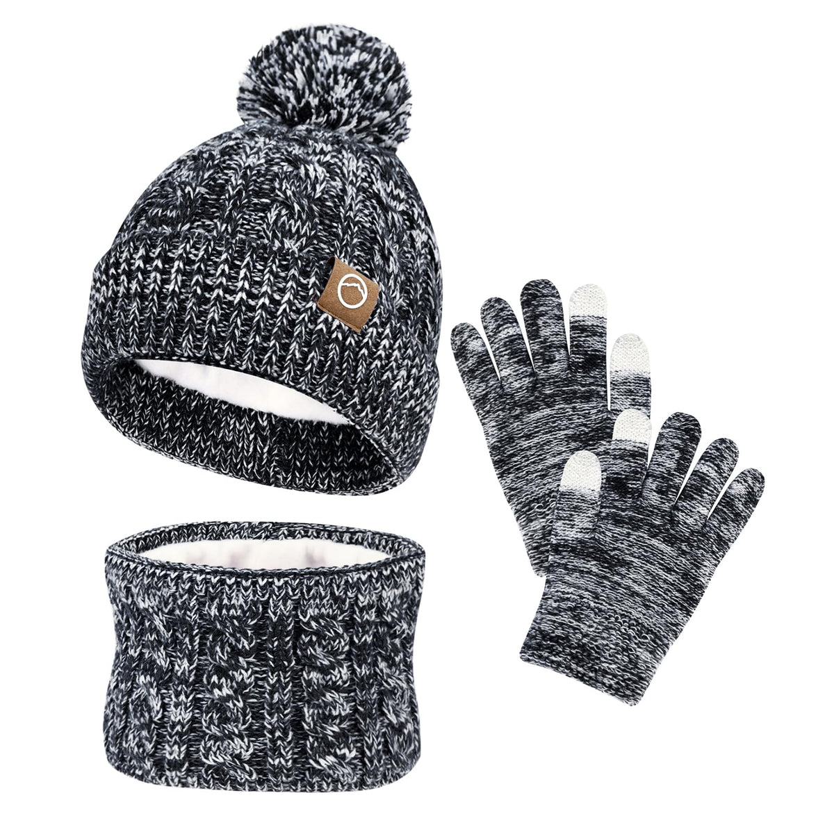 ZOORON Kids Winter Hat Gloves Scarf Set, Girls Boys Hats Beanie with Pom