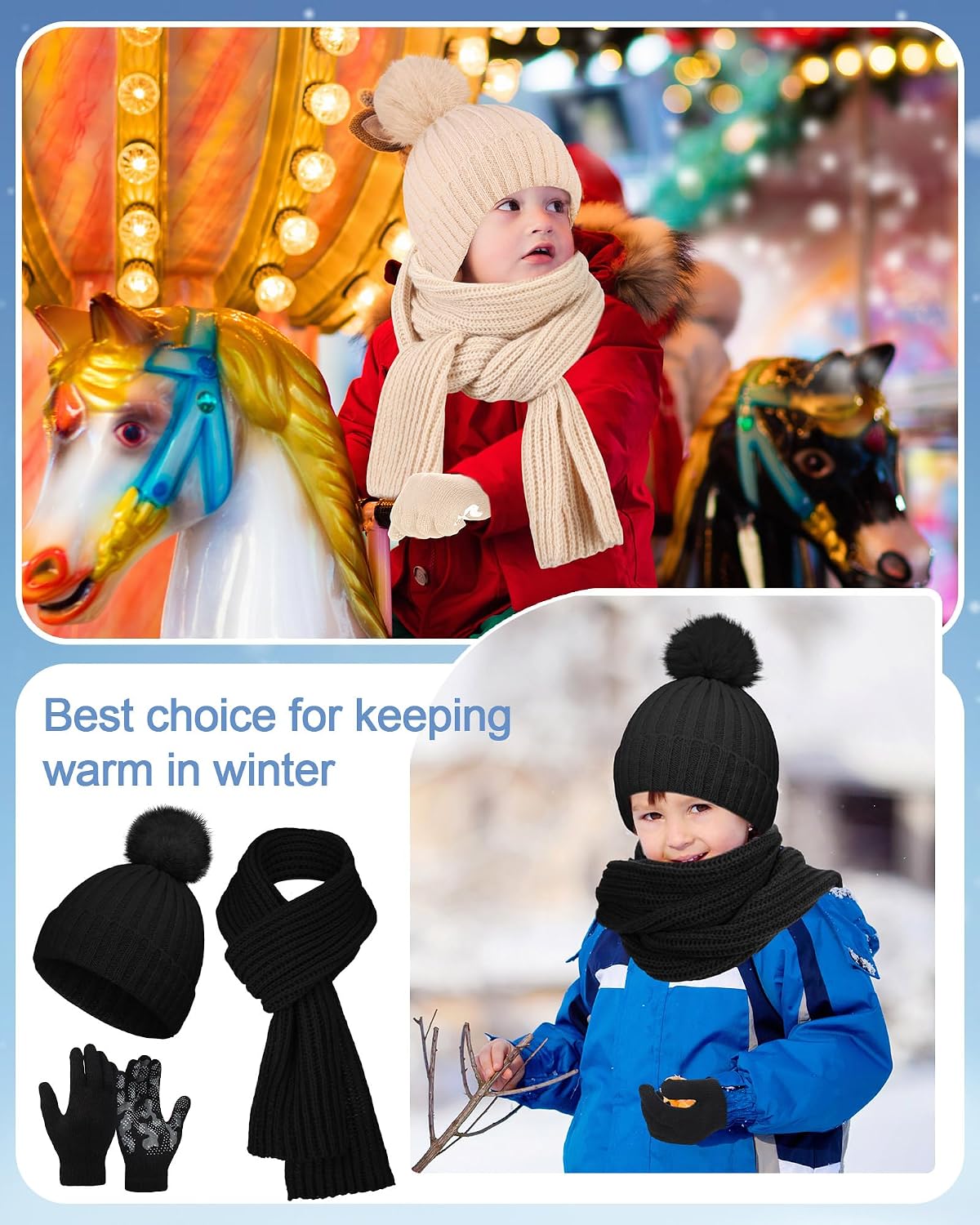 JaGely 12 Pcs Winter Hat Gloves Scarf Set Kids Knit Pompom Beanie Hat Gloves Neck Scarves for Cold Weather Beanies for Gift