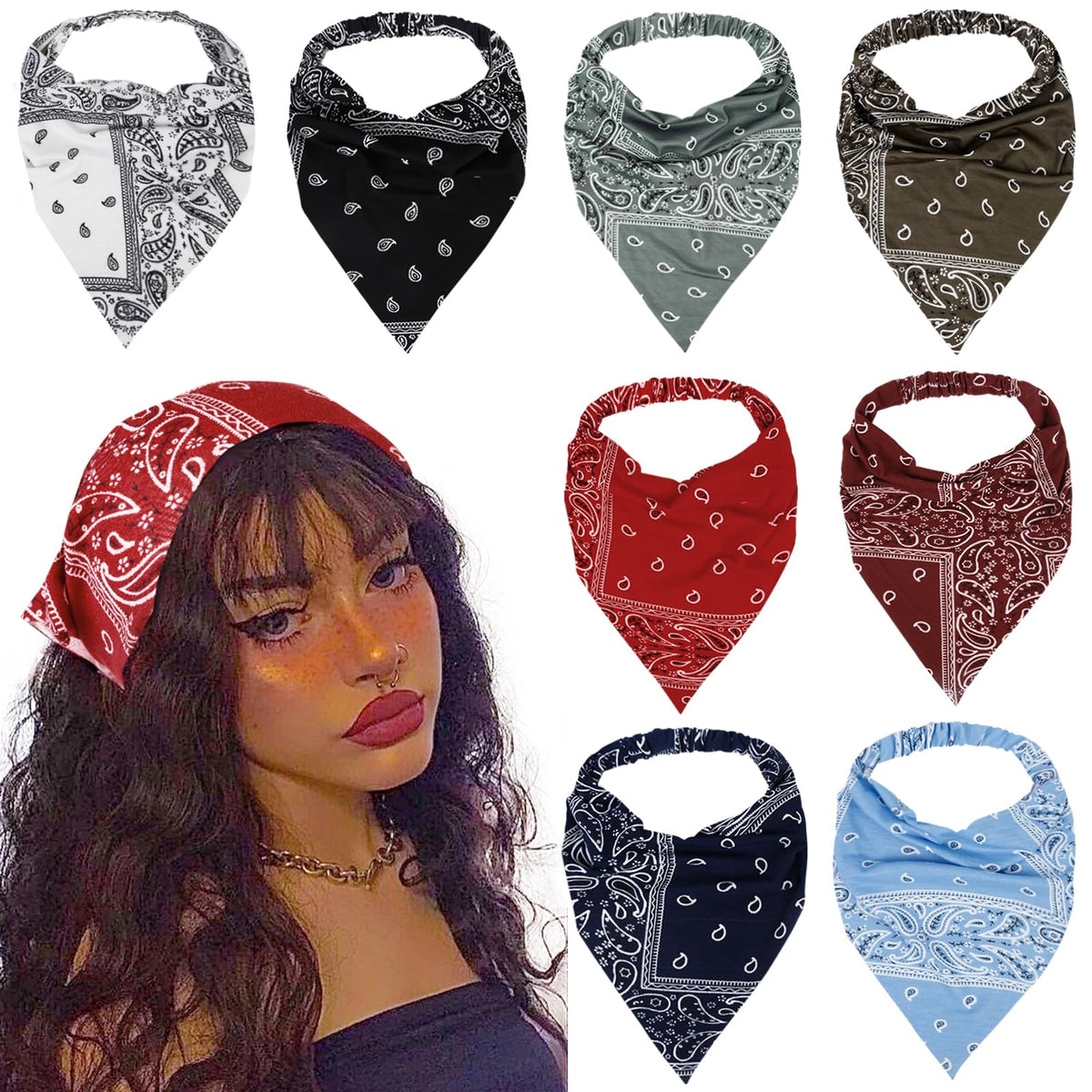 WOVOWOVO 8 Pcs Hair Scarf Headband for Women Girls Non Slip Elastic Boho Triangle Head Scarf Bandana