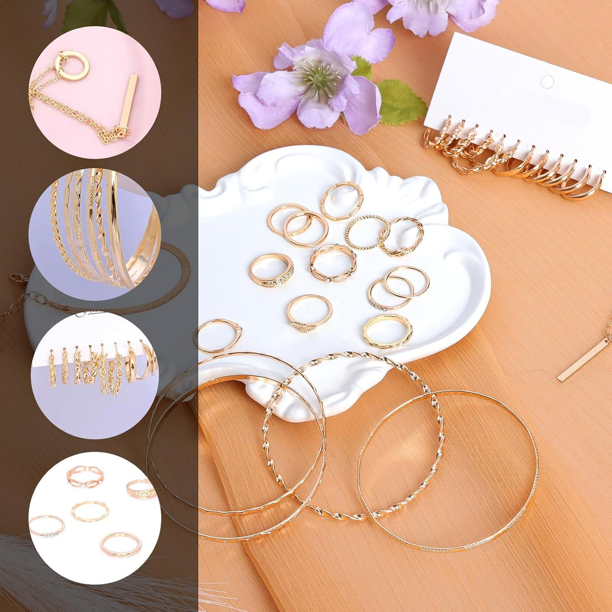 34pcs Gold Jewelry Set for Women Multi Layered Necklace Knuckle Rings Stackable Bracelets Dainty Earrings Fashion Jewelry set Anniversary Birthday Valentine Gift Pack for Women Girls