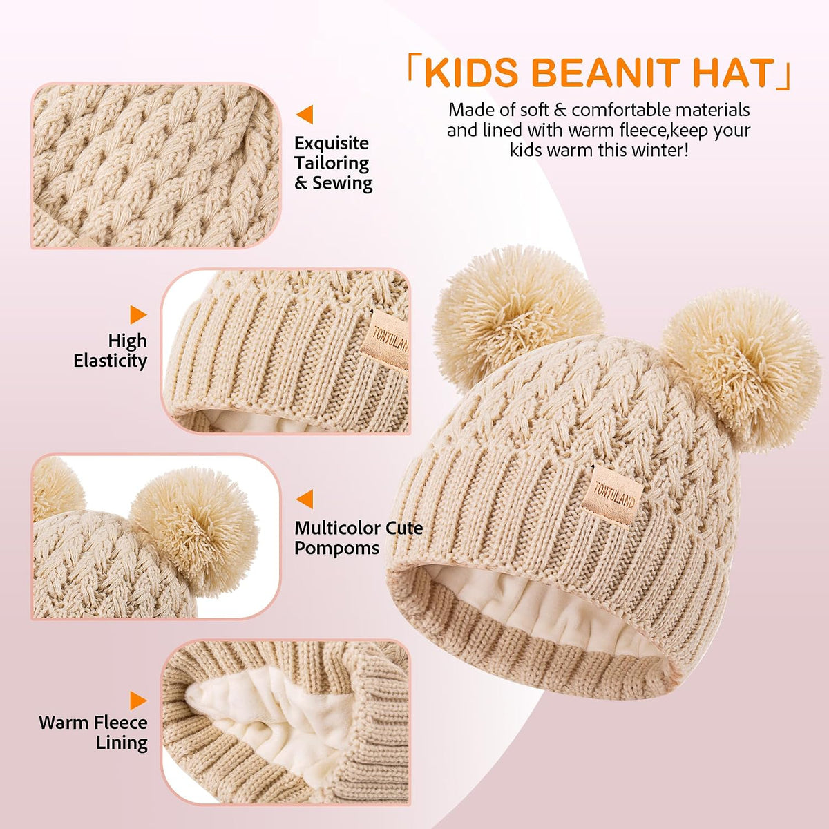 Kids Winter Hat Scarf Gloves Set Children's Warm Knit Fleece Lined Pompom Hat for Boys and Girls Ages 3-9
