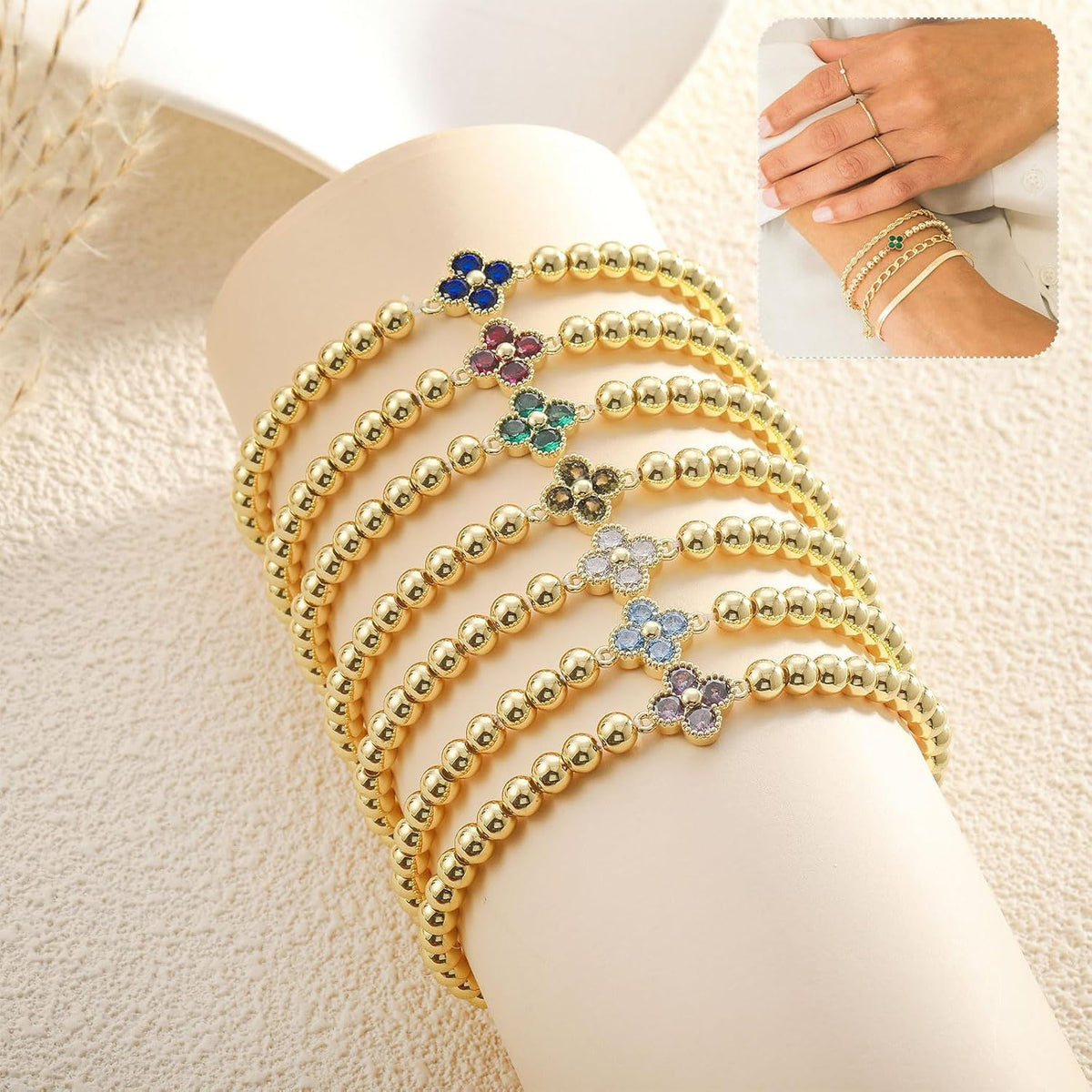 Birthstone Gold Bracelets for Women Non Tarnish Elastic 14K Gold Plated Bead Bracelets Trendy CZ Clover Bracelet Stackable Friendship Bracelets Dainty Jewelry Gifts for Mom Best Friend