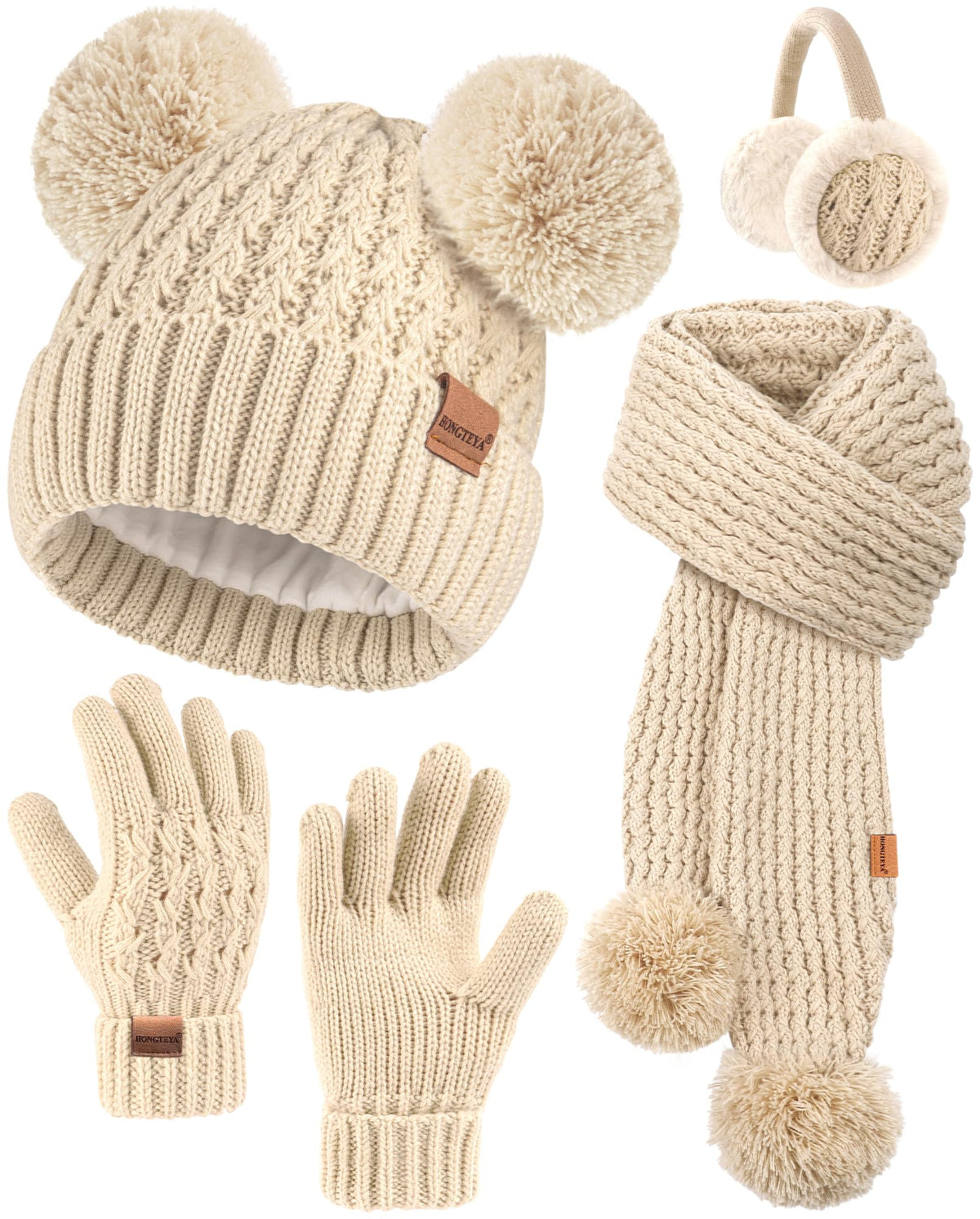 HONGTEYA 4PCS Kids Girls Winter Hat Gloves Scarf Earmuffs Set Aged 3-15Y