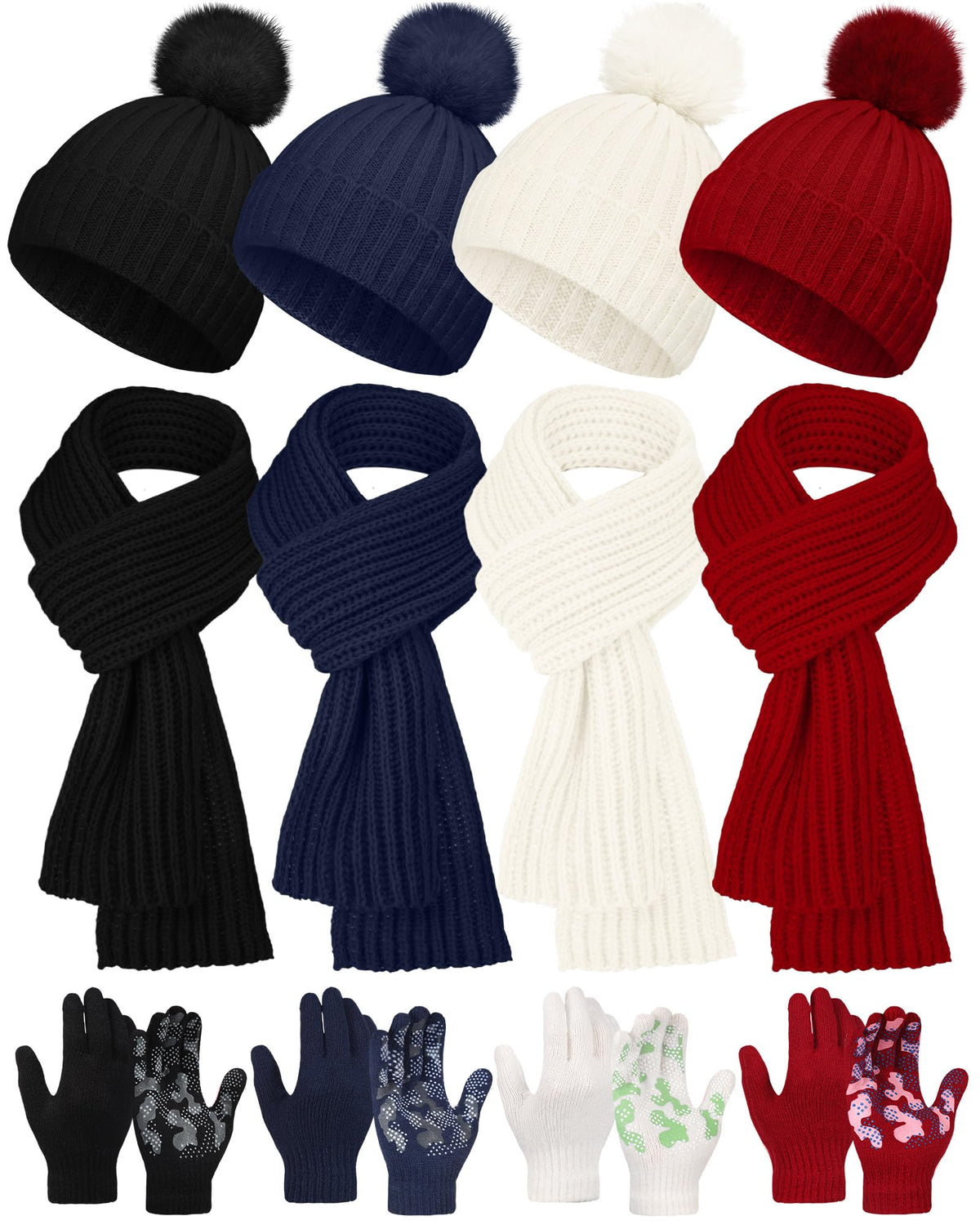 JaGely 12 Pcs Winter Hat Gloves Scarf Set Kids Knit Pompom Beanie Hat Gloves Neck Scarves for Cold Weather Beanies for Gift