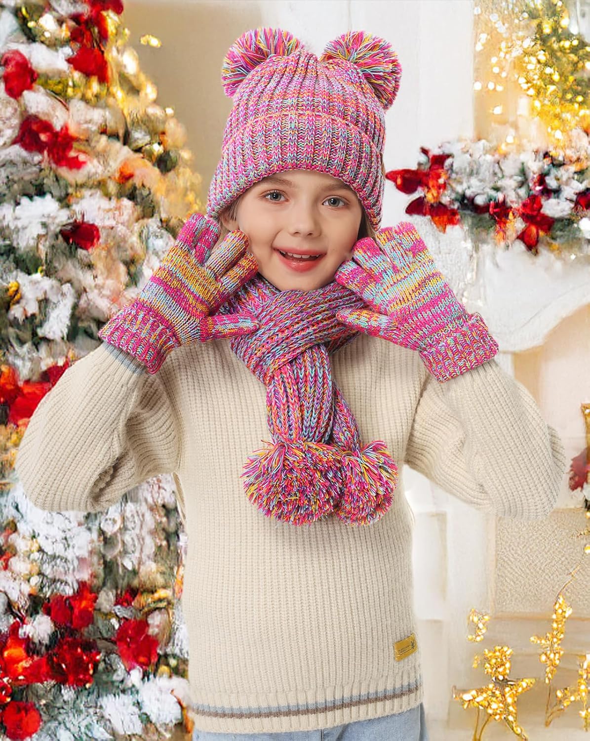 Remifa Kids Winter Hat Gloves Scarf Set, Toddler Girls Boy Fleece Lined PomPom Beanie Hat Kint Neck Long Scarf Warm Mittens