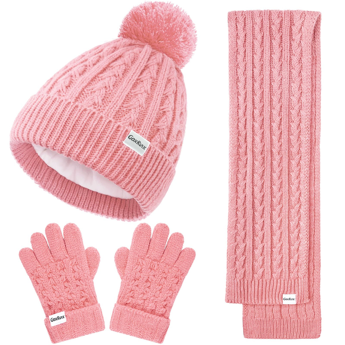 Kids Winter Hat Gloves Scarf Set, Girls Boys Winter Beanie Hat Mittens Scarf Knit Set with Thick Fleece Lined for Children