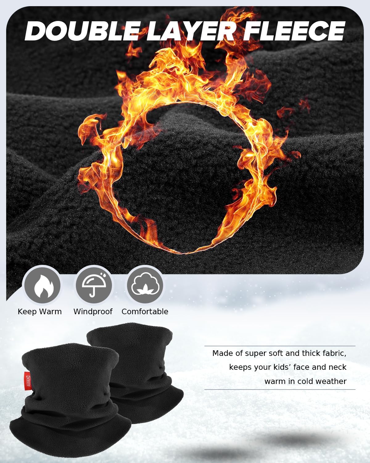 Aegend Neck Warmer for Kids 2 Pack, Double-Layer Fleece Ski Neck Gaiter for Boys Girls Youth Winter Cold Weather Scarf