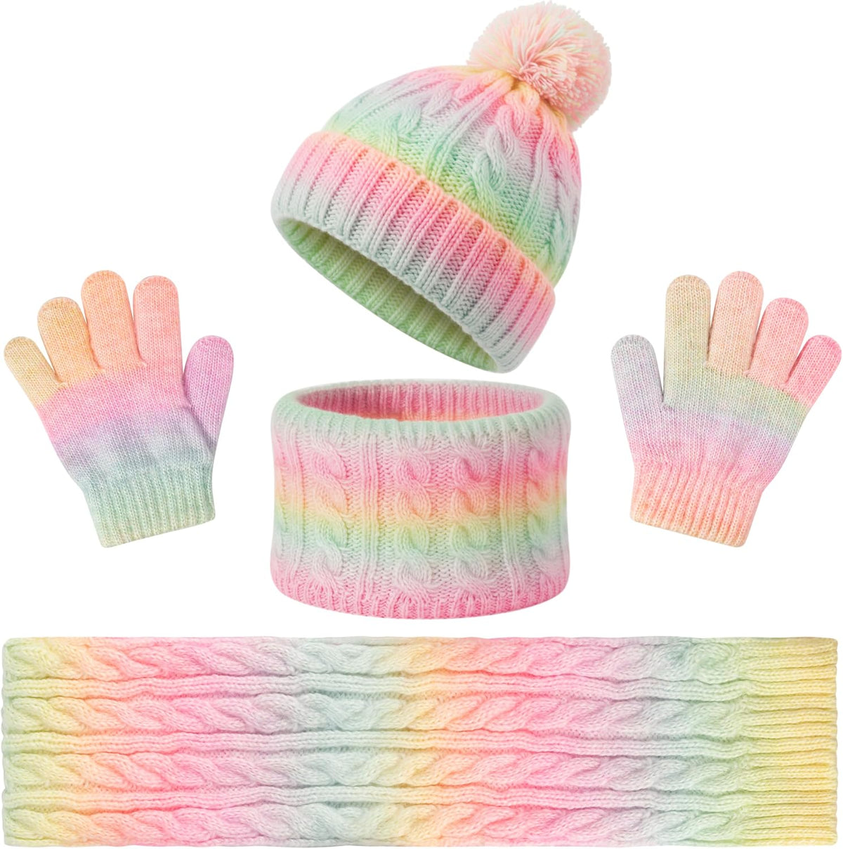 Kids Hat Gloves Scarf - 4pcs Winter Beanie Neck Warm Set for Girls, Lining Knitted Fleece Scarf Warmer Mitten Kit for Toddler Children Child Boy Age 3-15 Christmas Gift (Pink Yellow Gradient)