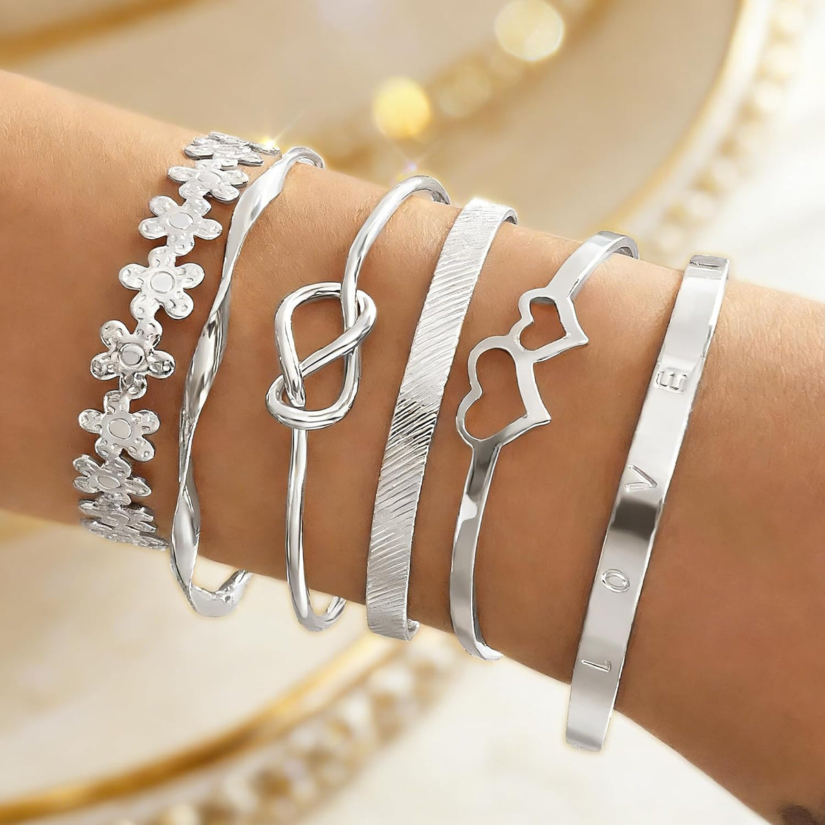 6 Pcs Silver Stackable Bracelets Set For Women Adjustable Open Cuff Bangles Flower Heart Knot Love Chain Trendy Layering Jewelry Gift Gold Plated Bracelets