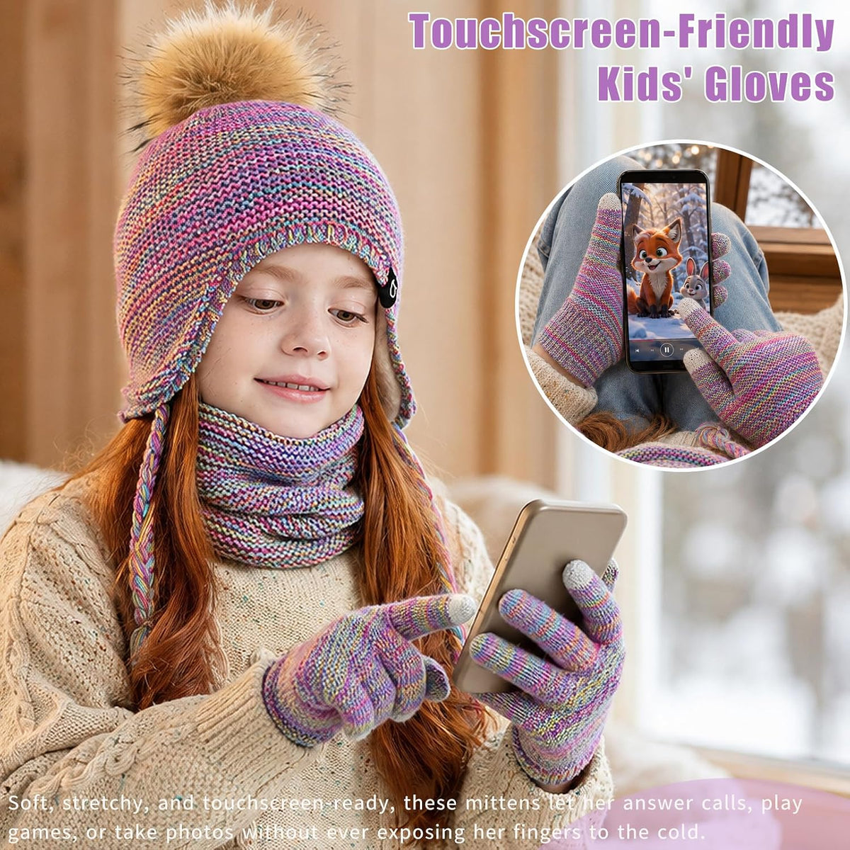 Kids Winter Hat Gloves Scarf Set Warm Earflaps Soft Fleece Lined 4-10Y