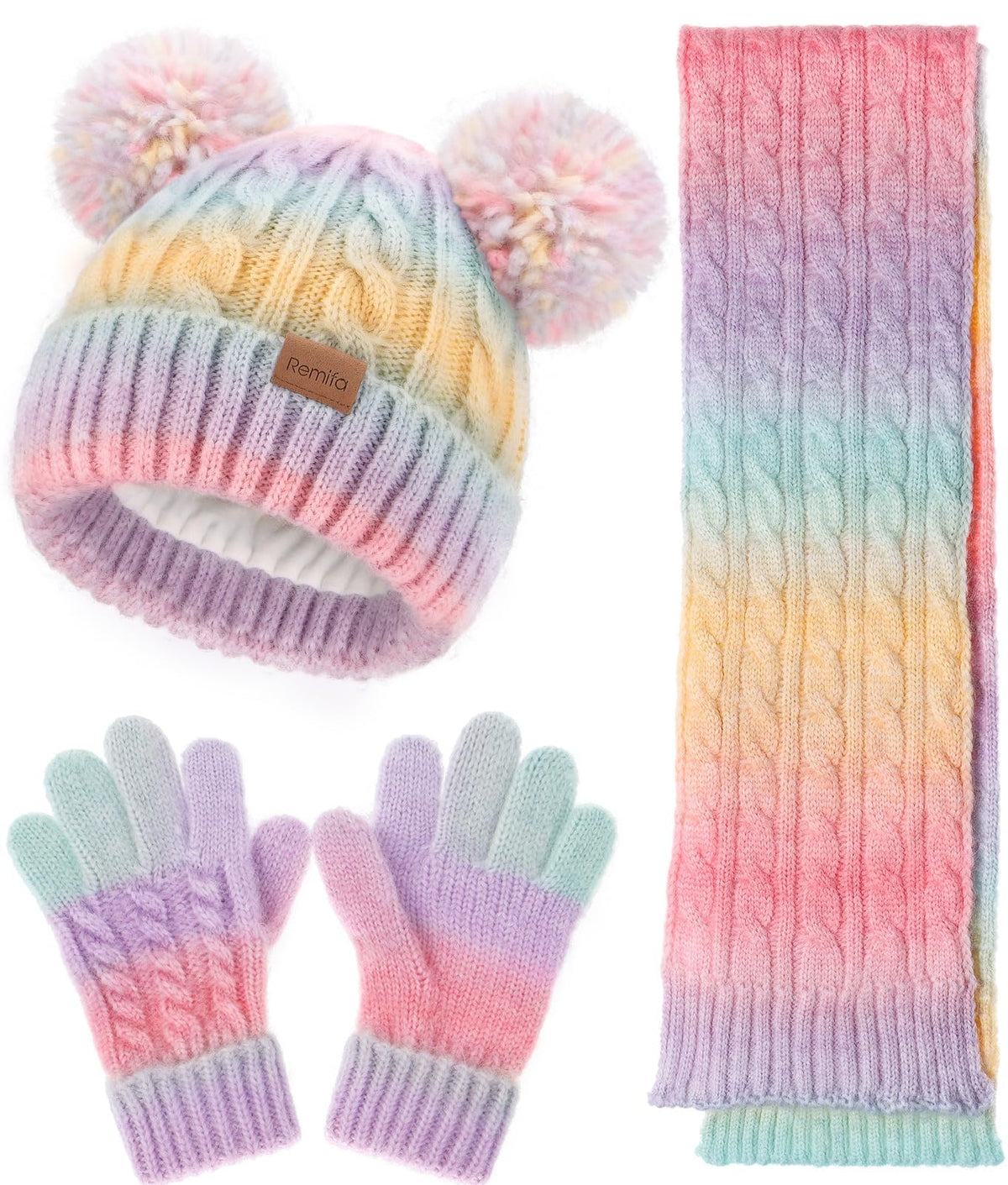 Kids Winter Hat Scarf Gloves Set, Toddler Girl Boy 8% Wool Fleece Lined Pom Beanie Knit Neck Mittens Children Christmas Gifts