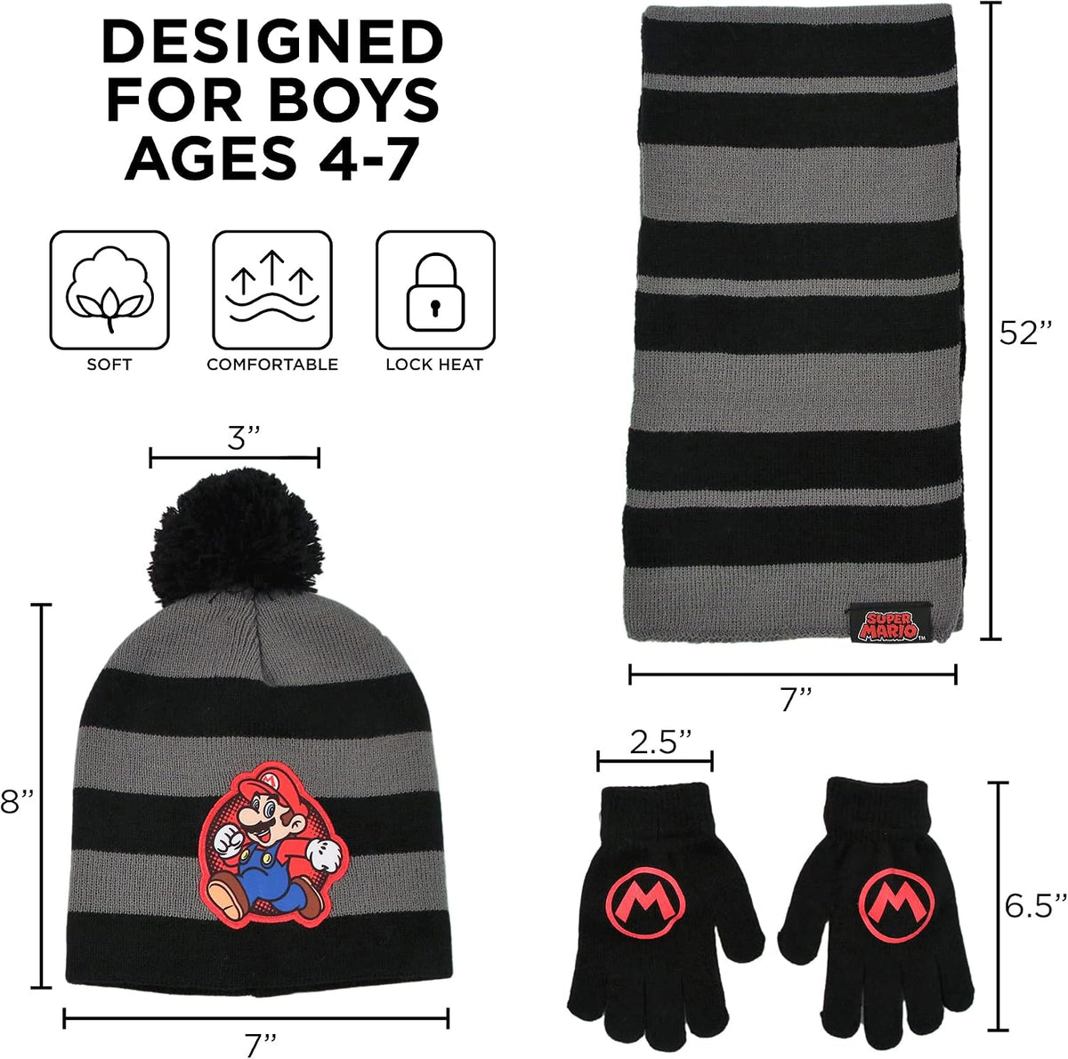 Nintendo Mario Scarf, Hat and Gloves Set for Little Boys
