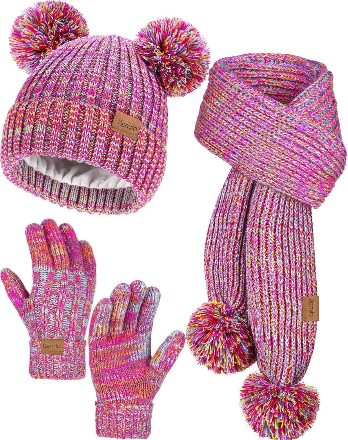 Remifa Kids Winter Hat Gloves Scarf Set, Toddler Girls Boy Fleece Lined PomPom Beanie Hat Kint Neck Long Scarf Warm Mittens