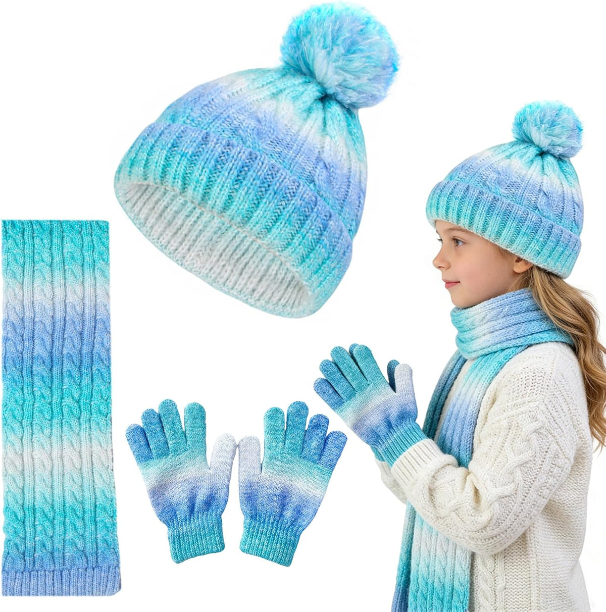 Kids Winter Beanie Hat Gloves Scarf Set, Girls Toddler Children Beanie Hats Gloves Knit Set Neck Warmer for Girls 2-8 year