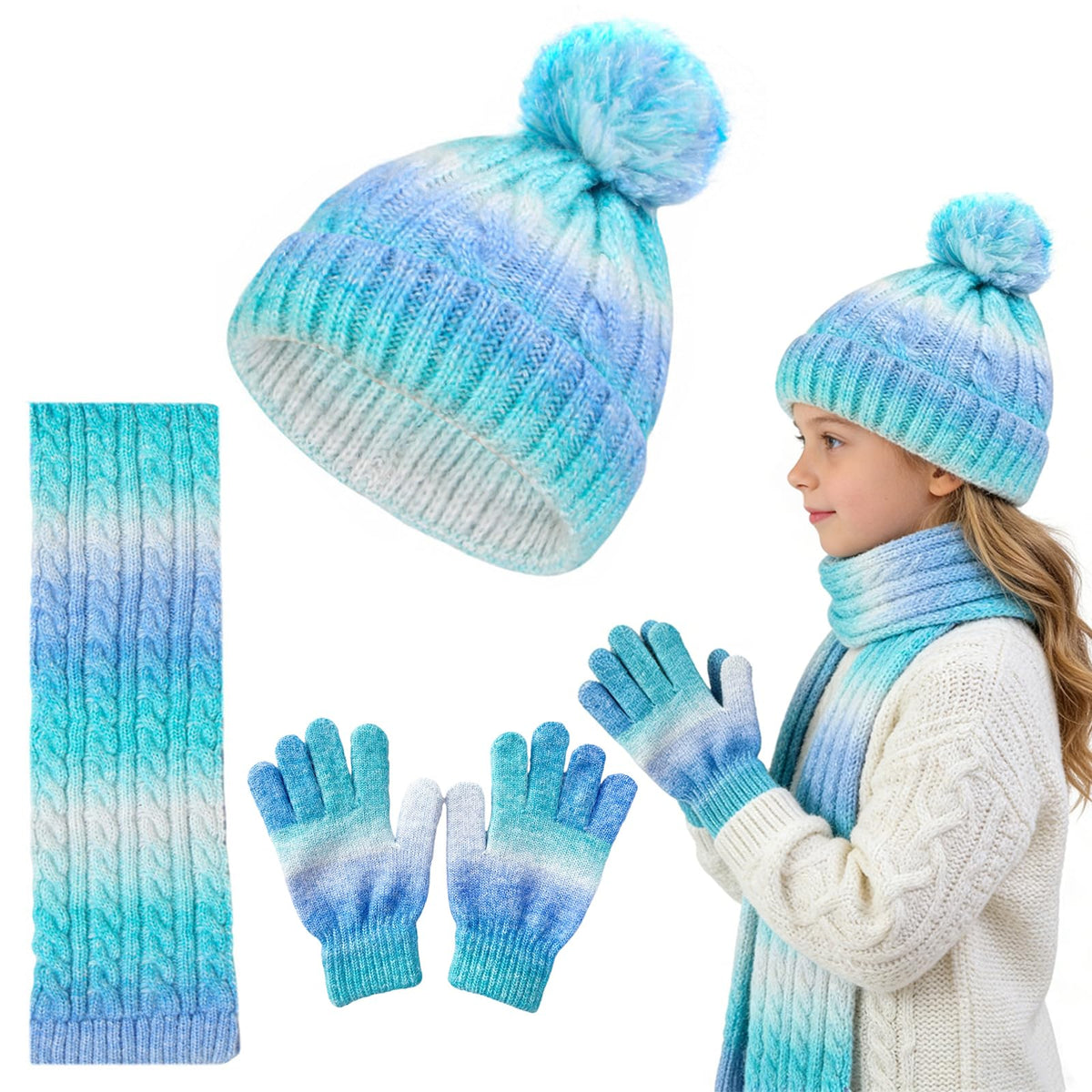 Kids Winter Beanie Hat Gloves Scarf Set, Girls Toddler Children Beanie Hats Gloves Knit Set Neck Warmer for Girls 2-8 year