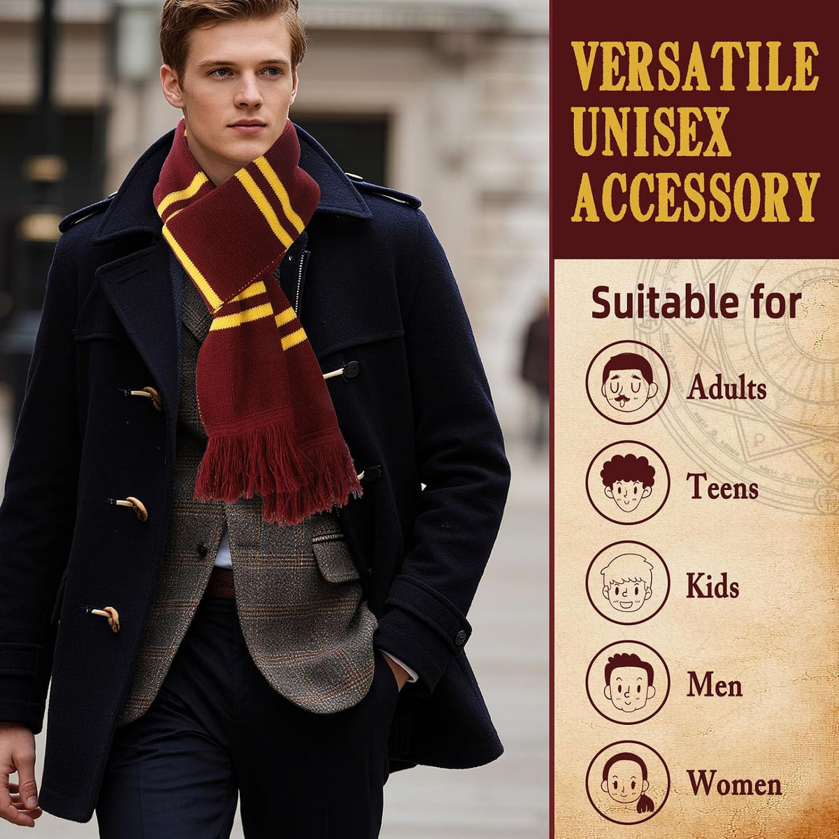 Burgundy and Gold Striped Knit Scarf – Soft Acrylic Winter Scarf for Women, Men, Kids – Classic Magic College Style for Halloween Cosplay, Fall Parties, Wizard Costume Accessory