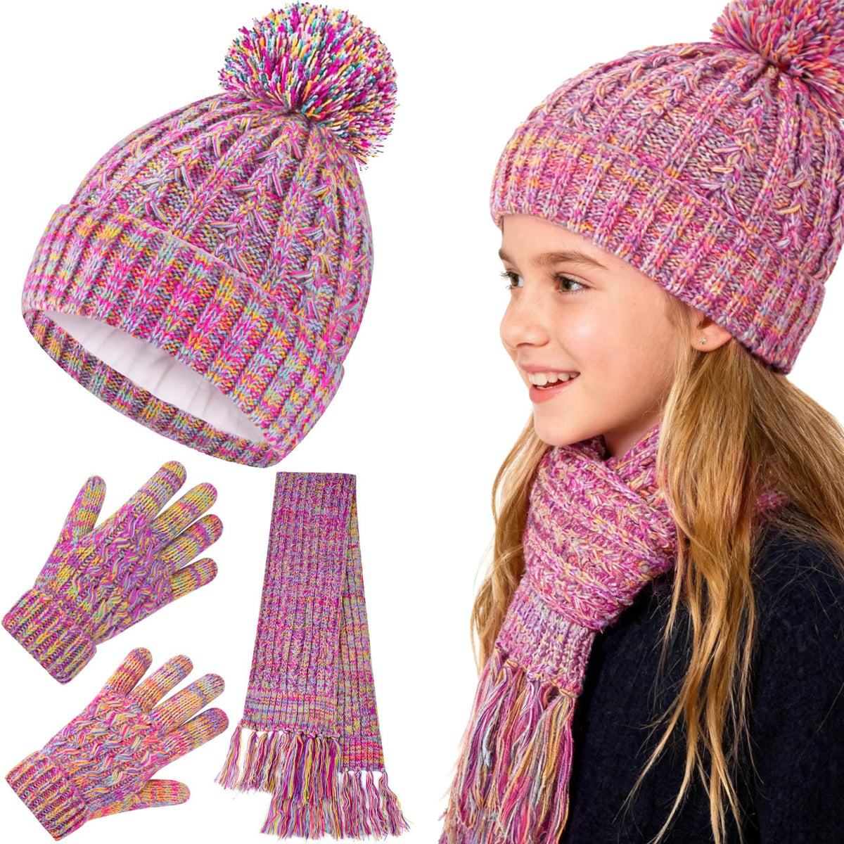 Girls Winter Hat Scarf Gloves Set, Toddler Fleece Lined Beanie Hat with Pom Rainbow Hat Scarf Mittens for Girl 4-15 Year