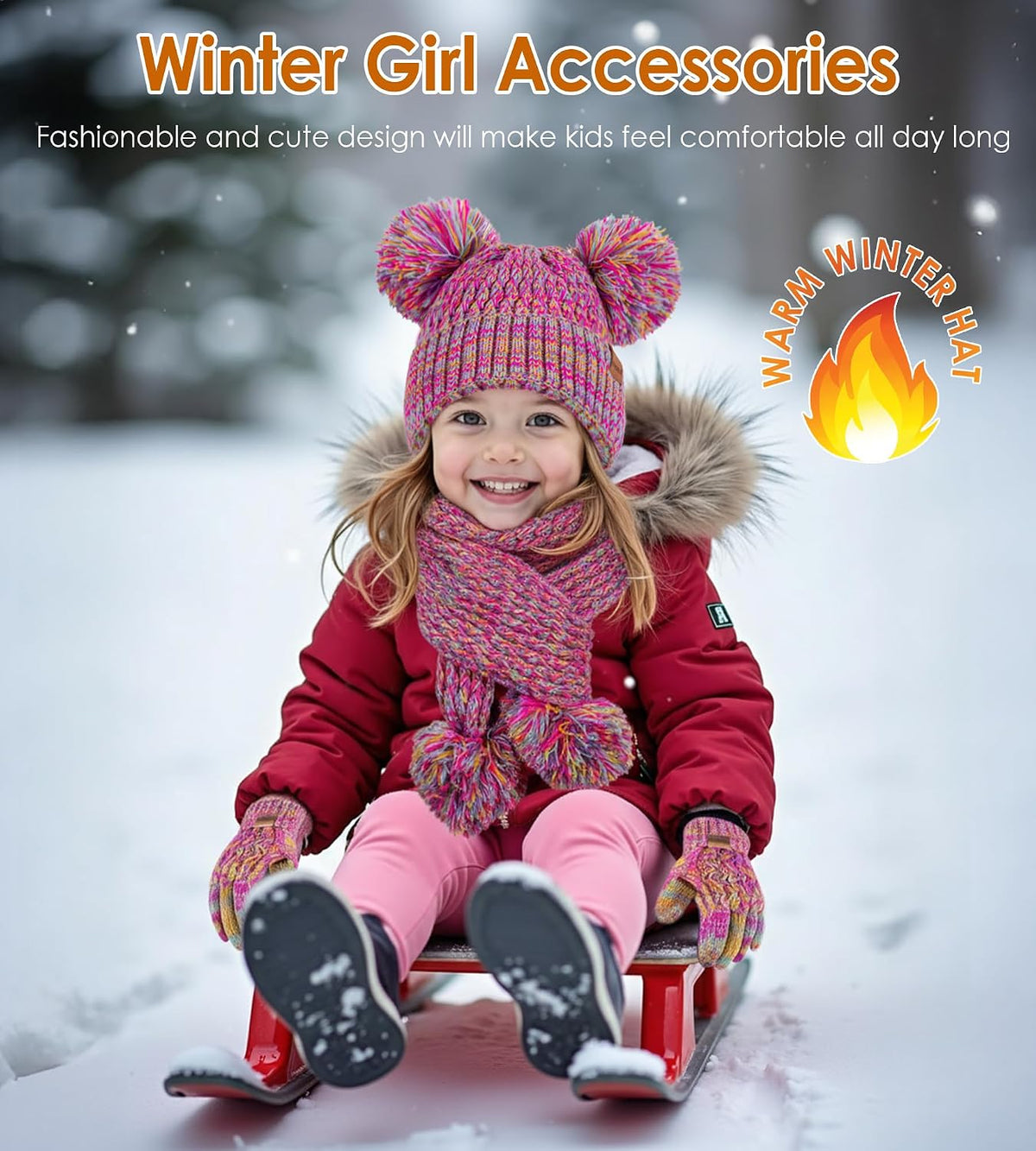 HONGTEYA 4PCS Kids Girls Winter Hat Gloves Scarf Earmuffs Set Aged 3-15Y