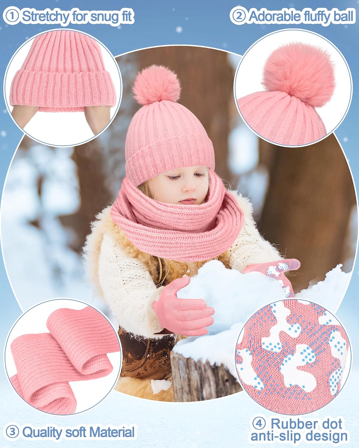 JaGely 12 Pcs Winter Hat Gloves Scarf Set Kids Knit Pompom Beanie Hat Gloves Neck Scarves for Cold Weather Beanies for Gift