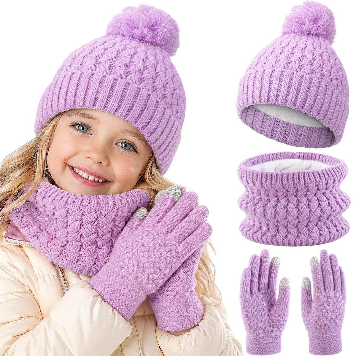 BQUBO Kids Winter Hat Gloves Scarf Set, Unisex Children Beanie Hat with Pom