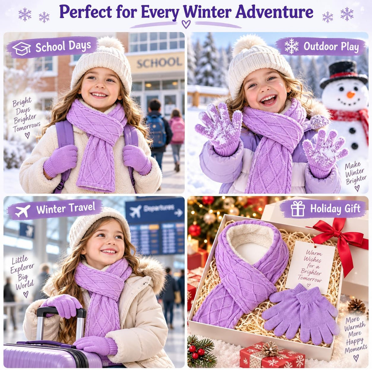 Kids Winter Gloves Scarf Set, Girls Fleece Lined Cable Knit Neck Warmer with Warm Mittens Cold Weather Gifts for Ages 7-14