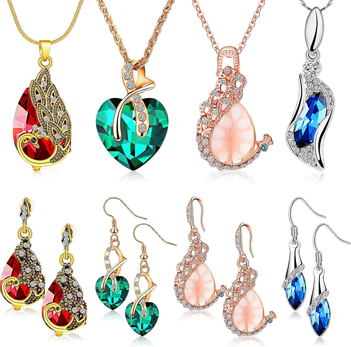 MTLEE 4 Set Peacock Jewelry for Women, Earrings and Necklace Set, Gifts