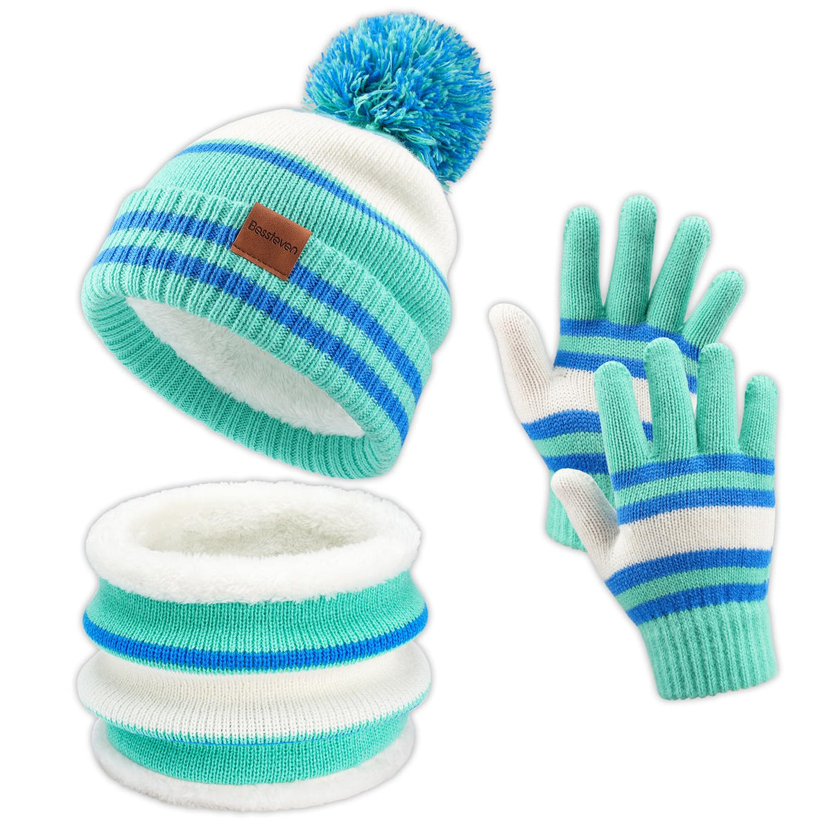 Kids Winter Hat Gloves Scarf Set: Girls Boys Beanie Fleece Lined Ages 6-10