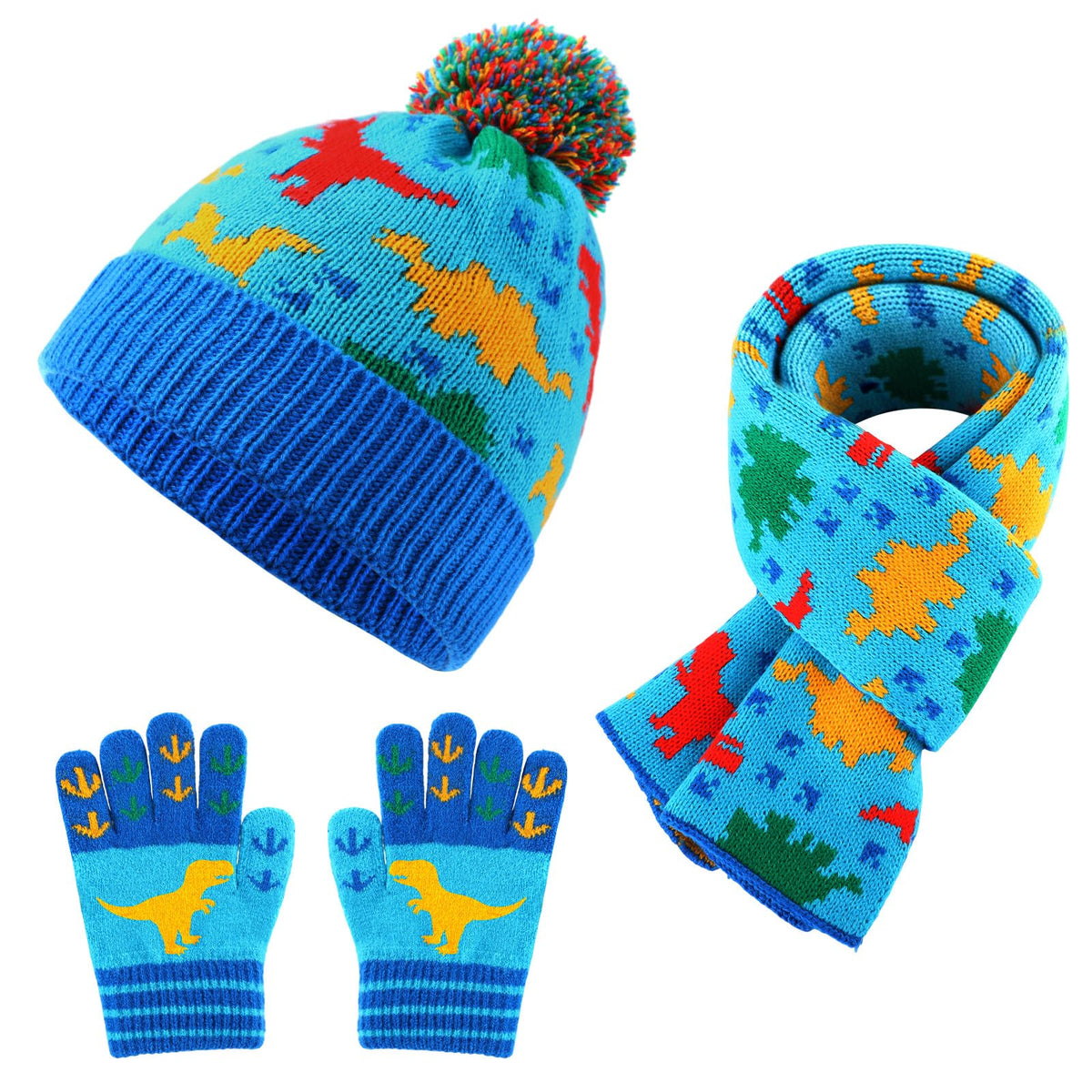 Kids Winter Hat Scarf Gloves Set Dinosaur Knit