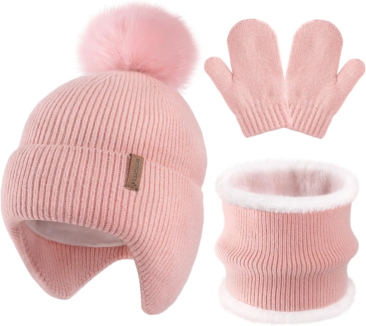 HONGTEYA Toddler Girls Winter Hat Gloves Scarf Set Warm Fleece Lined Knit