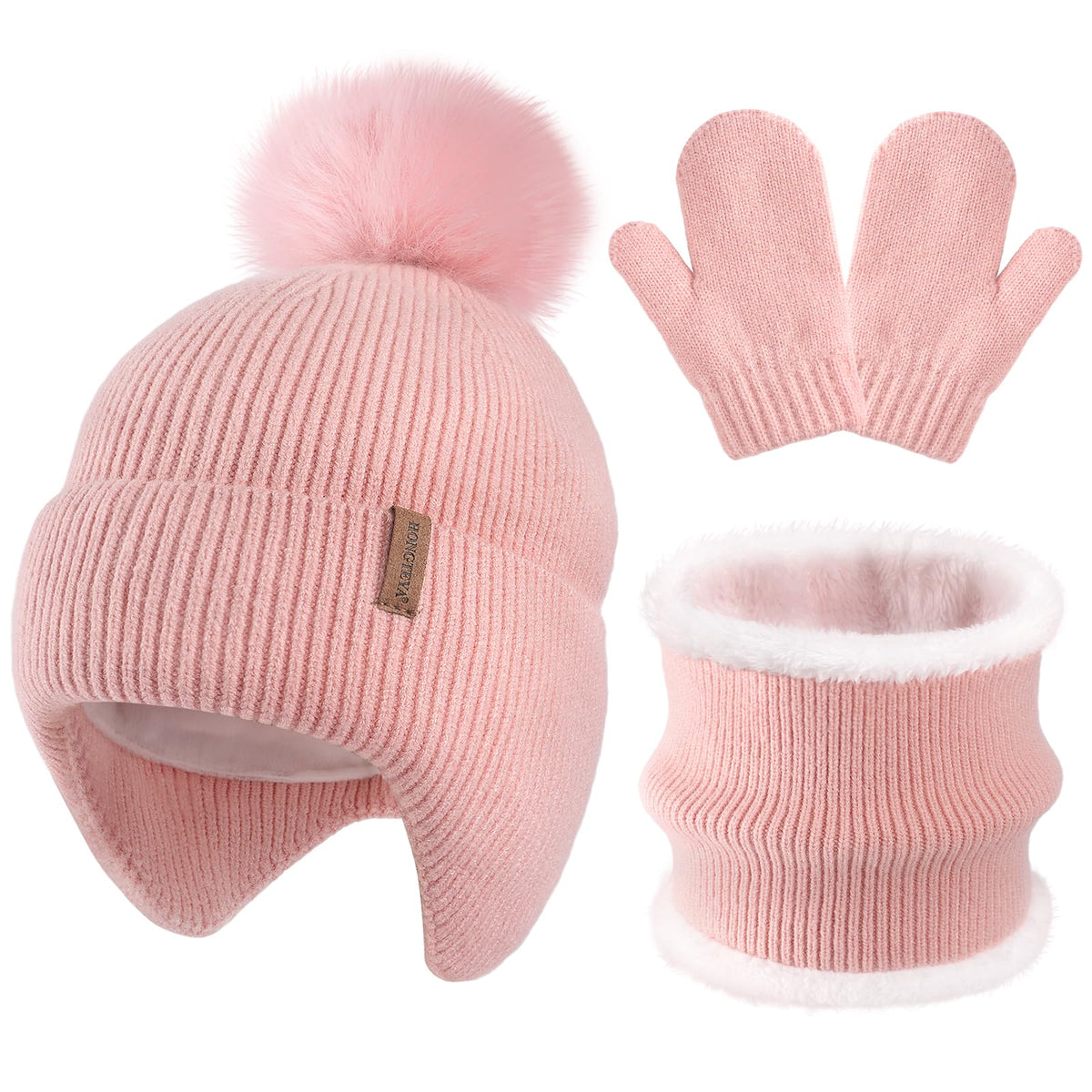 HONGTEYA Toddler Girls Winter Hat Gloves Scarf Set Warm Fleece Lined Knit
