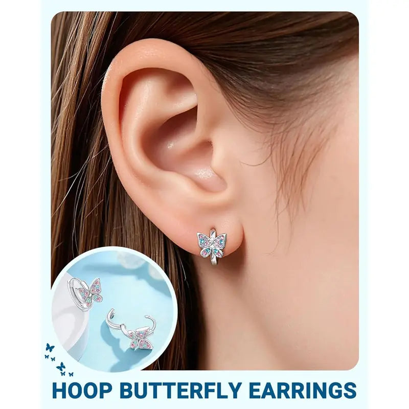 Women's Hypoallergenic Cubic Zirconia Butterfly Hoop Earrings - Lead-Free, Fade-Resistant Metal Ear Accessories, 0.39" Inner Diameter, Symbolizes Growth & Beauty, Ideal for Christmas Birthday Gifts & Daily Wear