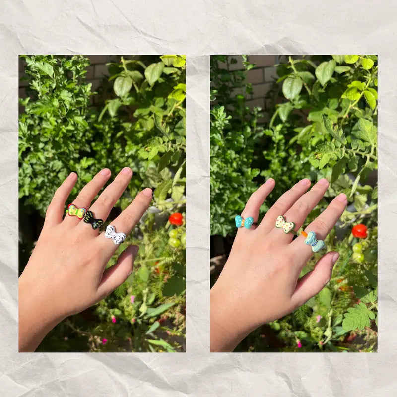 Handmade Bow Rings Cold Enamel Non Tarnish Size Adjustable Open Rings Stackable Retro Whimsical Fun Funky Chunky Y2K Colorful