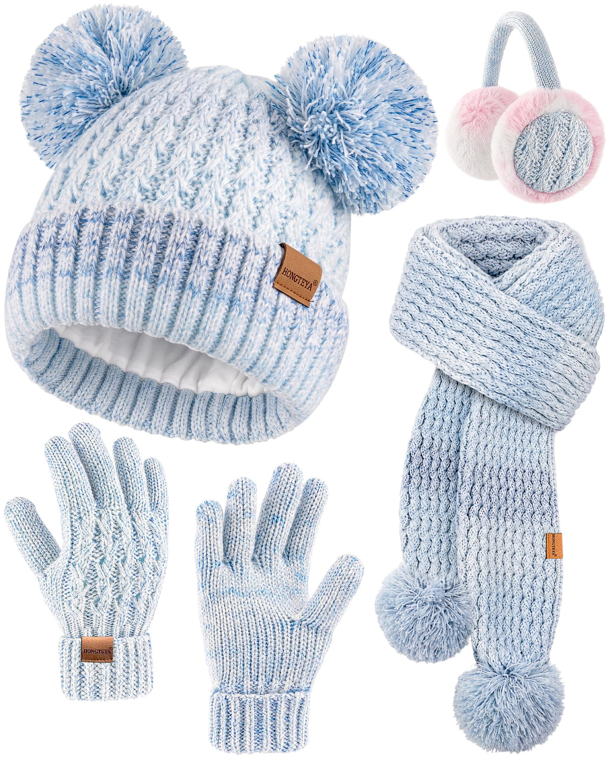HONGTEYA 4PCS Kids Girls Winter Hat Gloves Scarf Earmuffs Set Aged 3-15Y