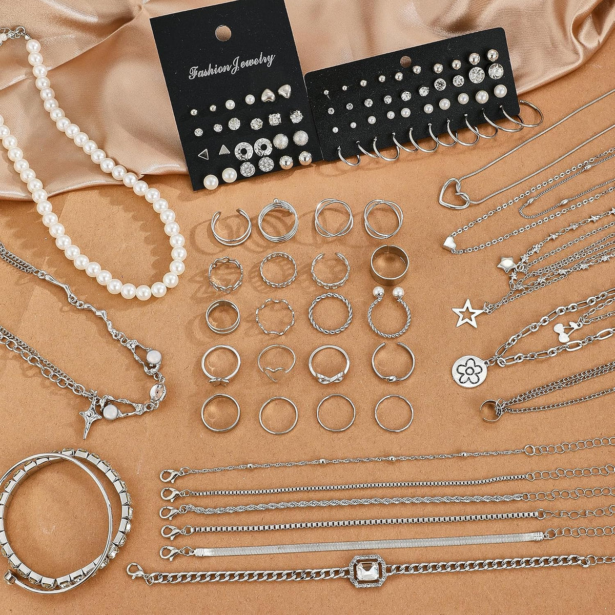 MEDOJO 84 Pcs Silver Jewelry Set for Women Pearl Necklace Silver Plated Necklace Bracelet Stackable Ring Earrings Set for Women