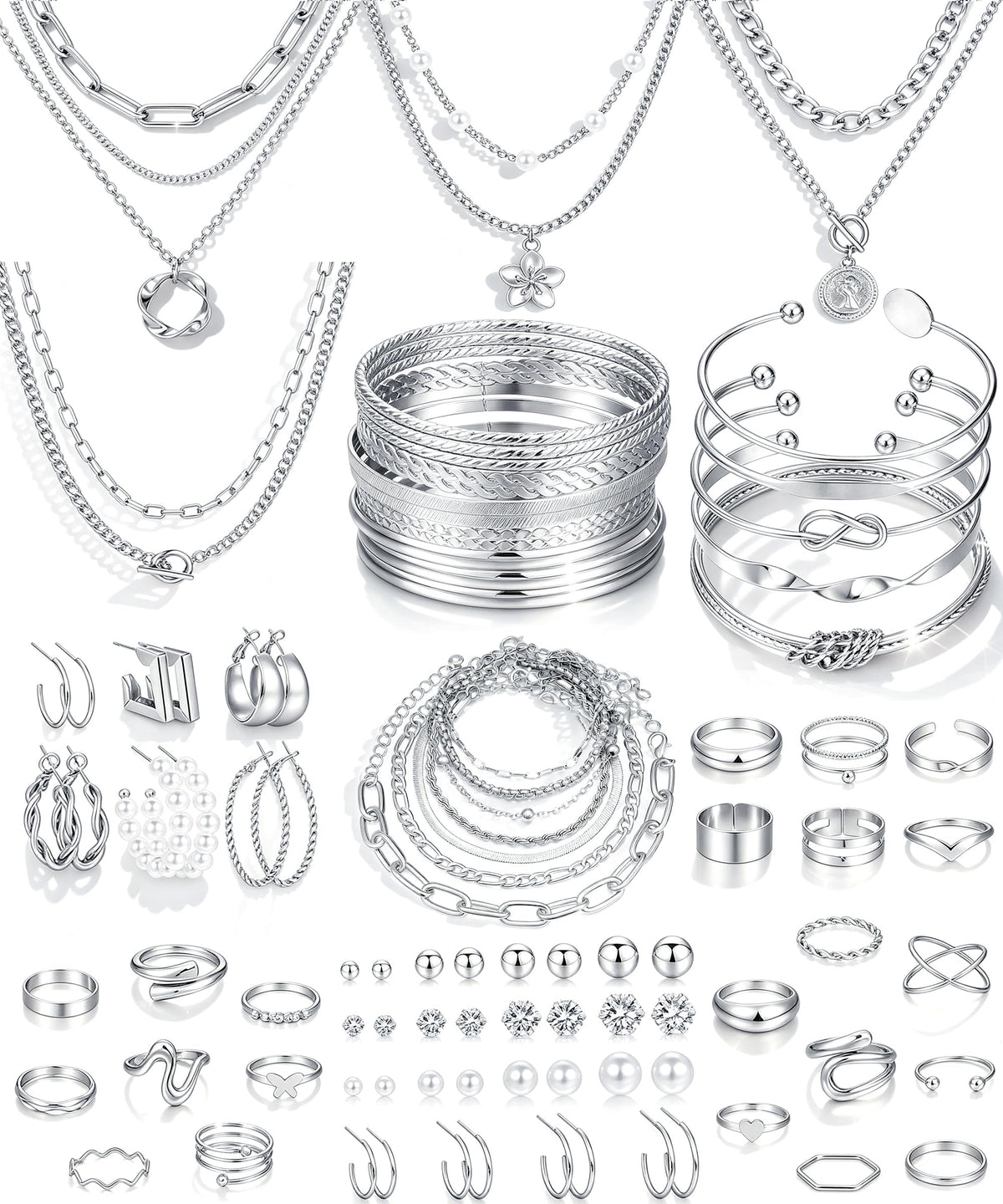17 MILE 78 Pieces Gold Jewelry Set for Women, 9 Necklace, 24 Bangle Bracelet, 22 Earrings, 23 Knuckle Rings Gold Plated Jewerly set for Women Gift