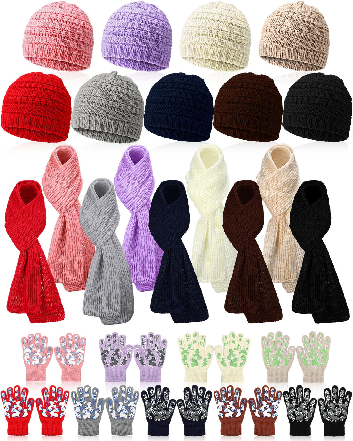 JaGely Kids Hat Gloves Scarf Winter Set, Warm Knitted Beanie Caps Scarves Gloves Bulk for Boys Girls Donation Cold Weather